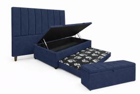 Kit De Quarto Heitor Bicama Baú Solteiro 88 x 188 cm Cabeceira De Cama e Calçadeira Baú Solteiro 90 cm Veludo Azul Mar