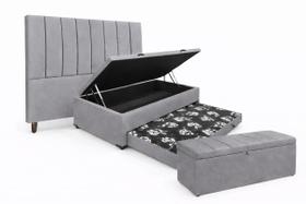 Kit De Quarto Heitor Bicama Baú Solteiro 88 x 188 cm Cabeceira De Cama e Calçadeira Baú Solteiro 90 cm Veludo Cinza