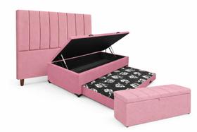 Kit De Quarto Heitor Bicama Baú Solteiro 88 x 188 cm Cabeceira De Cama e Calçadeira Baú Solteiro 90 cm Veludo Rosa