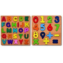 Kit de Quebra-Cabeças Infantis em Madeira - Alfabeto e Números - Pedagógico Escolar