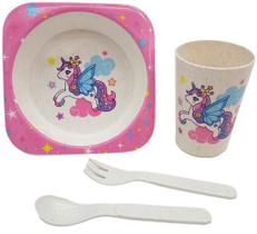 Kit de Refeição Infantil com 4 Peças Prato Copo Talheres Dino Sereia Astronauta Unicórnio Capivara