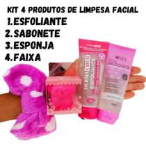 kit de Sabonete e Esfoliante Limpeza Facial Rosa Mosqueta mais Esponja e Faixa de Maquiagem - DERMACHEM