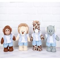 KIT DE SAFARI PELUCIAS EM PÉ 30cm - LEÃO, ELEFANTE, MACACO, GIRAFA PARA NICHO.