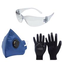 Kit de Segurança e Proteção 3 Peças - Óculos de Proteção, Luvas de Segurança e Máscara com válvula - DIVERSAS