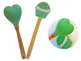 Kit de Silicone para sua Cozinha Colher Coração e Espátula CupCake Verde com cabo de Madeira