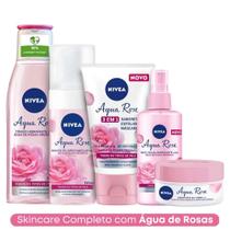 Kit de Skincare Hidratante Linha Aqua Rose: Mousse Micelar + Sabonete Esfoliante + Tônico + Bruma + Hidratante Nivea