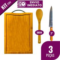 Kit de Tábua de Corte com Sulco Alça Colher Bambu Faca Cabo de Madeira Cozinha Restaurante para Carne Legumes Churrasco