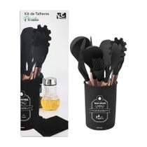 Kit de Talheres 13 peças Flórida de Silicone Preto Utensílios Antiaderentes Cozinha Porta Talheres Jantar Cabo Madeira