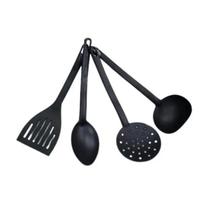 Kit de Talheres em Nylon Preto - Concha, Espumadeira, Colher e Espátula - Resistentes e Práticos!"