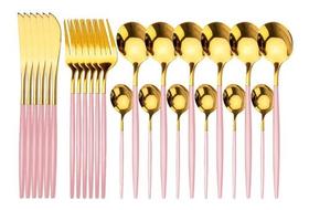 Kit de Talheres Metalizado Rosa e Dourado Aço Inox 24 peças