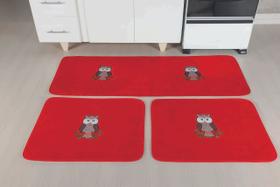 Kit de Tapetes para Cozinha com 3 Peças - Coruja Vermelho - Guga Tapetes