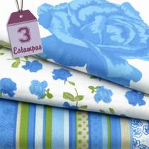 Kit de Tecido Roses by Mirella Nakata: Azul (30x70) 3 Estampas