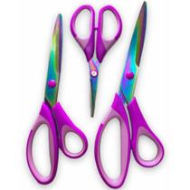 Kit de Tesoura Profissional de Titânio com Lâminas em Aço Banhado Tamanhos Diversos Roxo 3 Unidades