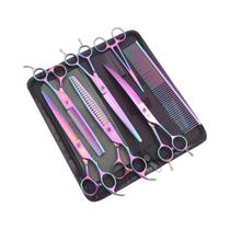 Kit De Tesouras Para Cães Em Aço Inoxidável Purple Dragon 440C Com 8 Tesouras Retas, Curvas E De Kit De Tesouras Para Cães Em Aço Inoxidável Purple Dragon 440C Com 8 Tesouras Retas, Curvas E De