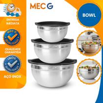 Kit de Tigelas em Aço Inox com Tampa Bowl, Bacia, Vasilha e Cumbuca em 3 Tamanhos Conjunto Saladeira
