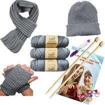 Kit de tricô Kaaper para iniciantes, adultos e crianças, cinza
