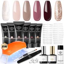 kit de unhas modelones Poly Extension Gel, 6 cores com luminária de unhas de 8 W, kit de gel marrom e vermelho, nude glitter, ferramentas iniciais completas para iniciantes, faça você mesmo em casa para mulheres