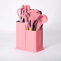 Kit de Utensílios 19 Peças com Tábua de Corte - Rosa