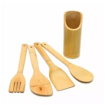 Kit de Utensílios 5 Peças em Bambu Com Suporte