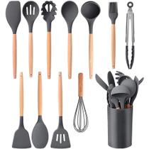 Kit de Utensílios Cozinha em Silicone e Bambu 12 Peças preto