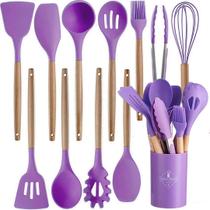 Kit de Utensílios de Cozinha 12 Peças Colheres, Espátulas, Pegador de Silicone e Suporte Prático para Organizar