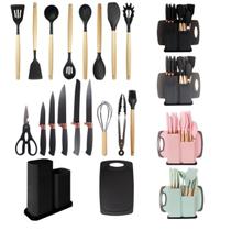 Kit de Utensílios de Cozinha 19 Peças Completo Silicone Cabo Madeira Jogo Faca - Smart Cup