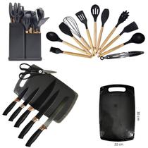 Kit de Utensílios de Cozinha 19 Peças Completo Silicone Cabo Madeira Jogo Faca