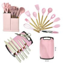 Kit de Utensílios de Cozinha 19 Peças Completo Silicone Cabo Madeira Jogo Faca