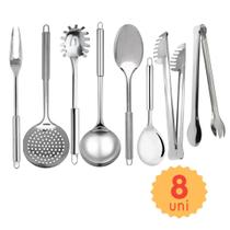 Kit de Utensilios de Cozinha em Inox 8 pçs Concha Colher Escumadeira Pegador Servir Buffet Restaurante