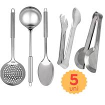 Kit de Utensílios de Cozinha Prático 5 pçs Colher concha Escumadeira Pegador Pinça em Inox