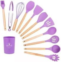 Kit de Utensílios de Cozinha Premium com 12 Peças em Silicone e Cabo de Madeira Elegância e Funcionalidade para o Seu Dia a Dia