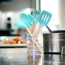 Kit De Utensílios De Silicone Com Cabo de Bambu