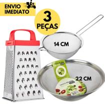 Kit de Utensílios Domésticos em Inox Peneira, Cesta Escorredora e Ralador de Queijo e Legumes