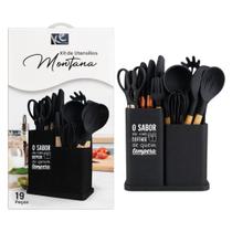 Kit de Utensílios Montana Preto 19 Peças Suporte Cozinha Silicone Completo Moderno Resistente Culinária