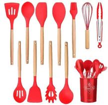 Kit de Utensílios Para Cozinha 12 Peças, de Silicone e Cabo de Madeira, Antiaderente. Possui Espátulas, Colheres, Pegadores, Fouet, Pincel e Suporte