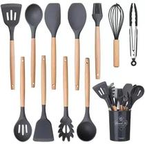 Kit de Utensílios Para Cozinha 12 Peças, de Silicone e Cabo de Madeira, Antiaderente. Possui Espátulas, Colheres, Pegadores, Fouet, Pincel e Suporte