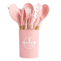 Kit de Utensílios para Cozinha 12 Peças Jogo Completo de Silicone e Cabo Madeira C/ Porta Utensílio