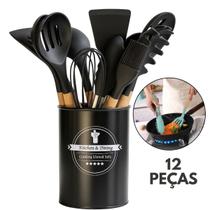 Kit de Utensílios para Cozinha 12 Peças Jogo Completo de Silicone e Cabo Madeira com Porta Utensílio