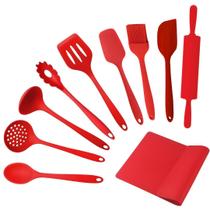 Kit De Utensílios Para Cozinha Em Silicone Inteiriço Vermelho 10 Peças Espátula Colher Espumadeira