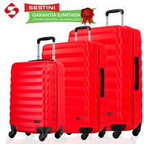 Kit de Viagem Completo com 3 Malas Originais Sestini, Garantia Vitalícia, ABS Resistente, Bordo 10kg, Media 23kg e Grande 32kg