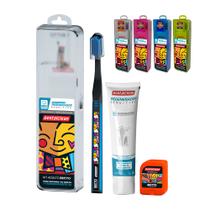 Kit de Viagem Romero Britto Case Escova de Dentes Fio Dental Gel Sensitive Dentalclean