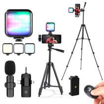 Kit de Vlog para Iniciantes: Tripé, Microfone Sem Fio e Luz RGB para iPhone e Android