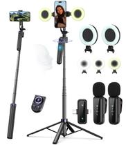 Kit de vlog para iPhone/Android, tripé de rastreamento facial automático de 63” para iPhone com luz, microfones sem fio, controle remoto de rolagem para TikTok, kit de criação de conteúdo para YouTube Starter