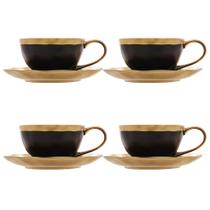 Kit De Xícaras De Chá Com Pires 200ml Preto E Dourado Com 4 Unidades