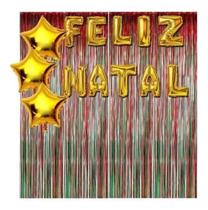 Kit Decoração 2 Cortina Verde Vermelho +feliz Natal +estrel