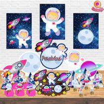 Kit Decoração de Festa Aniversário Bolo Topper Astronauta Rosa Qfestança -78 Itens