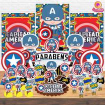 Kit Decoração de Festa Aniversário Bolo Topper Capitão América Cute Qfestança -78 Itens