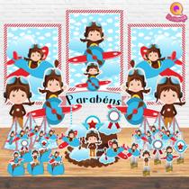 Kit Decoração de Festa Aniversário Bolo Topper Menino Aviador Qfestança -78 Itens