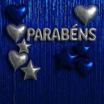 Kit decoração de Festa Parabéns c/ 2 Cortinas metalizadas de franjas + 1 Palavra Parabéns (40cm letra) + 9 Balões