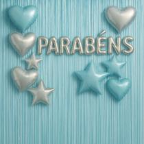 Kit decoração de Festa Parabéns c/ 2 Cortinas metalizadas de franjas + 1 Palavra Parabéns (40cm letra) + 9 Balões